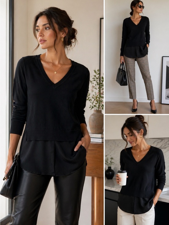 Kaufmanfranco Sweaters - Kaufmanfranco Layered V-Neck Long Sleeve Top Black XS Minimalist Chic